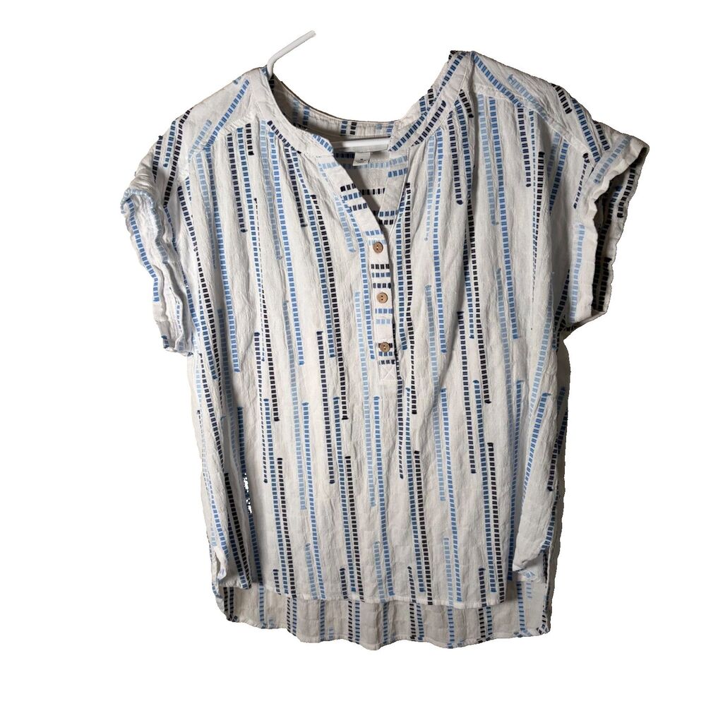 AB Studio Shirt Women's Medium Blue Striped Popover Short Sleeve Casual Top